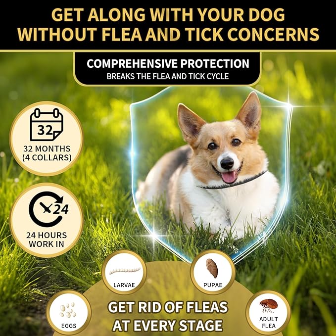 Flea Collar for Dogs 4 Pack, 32 Months Comfort Flea and Tick Prevention, Waterproof Dog Flea and Tick Collar, Adjustable Flea and Tick Treatment for Dogs - One Sizes Fit All (Black)