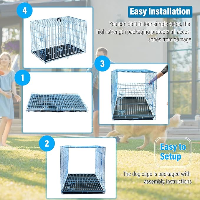 Large Dog Crate Kennel Metal Dog Cage for Medium Large Dogs Double-Door Folding Travel Indoor Outdoor Puppy Playpen with Divider and Handle Plastic Tray,42",Blue