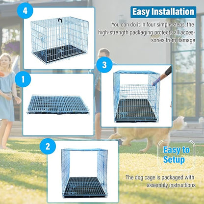 Large Dog Crate Kennel Metal Dog Cage for Medium Large Dogs Double-Door Folding Travel Indoor Outdoor Puppy Playpen with Divider and Handle Plastic Tray,42",Blue