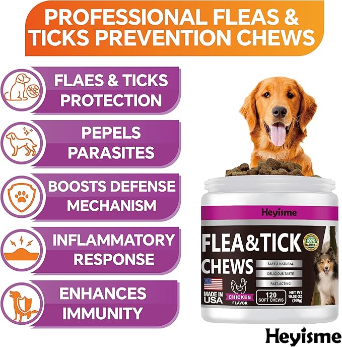 Flea and Tick Prevention for Dogs Chewables, Natural Dog Flea and Tick Control Supplement, Flea Treatment for Dogs, Oral Flea and Tick Chews Treats for All Breeds and Ages (Chicken, 120 Chews)