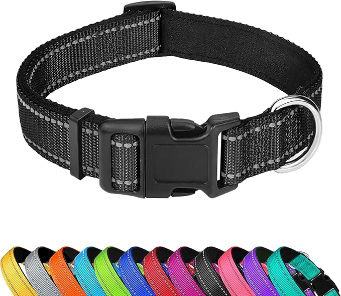 Reflective Dog Collar, Adjustable Soft Neoprene Padded Nylon Pet Collars with Buckle for Puppy and Small Dogs, Cats, Black,XS