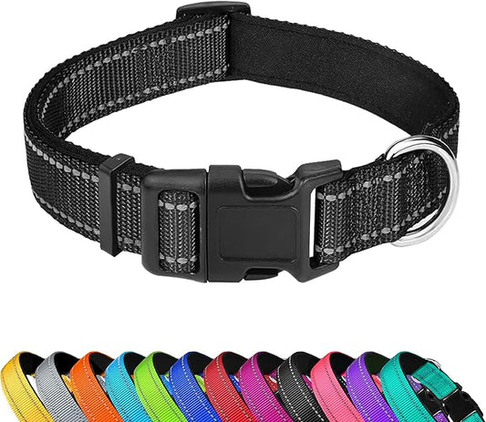 Reflective Dog Collar, Adjustable Soft Neoprene Padded Nylon Pet Collars with Buckle for Puppy and Small Dogs, Cats, Black,XS