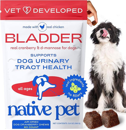 Native Pet Dog UTI Treatment - Cranberry Supplement for Dogs - Supports Normal Bladder Function, Urinary Tract & Kidney Health - Real Cranberry Extract, D-Mannose & Probiotics - Air-Dried - 60 Chews