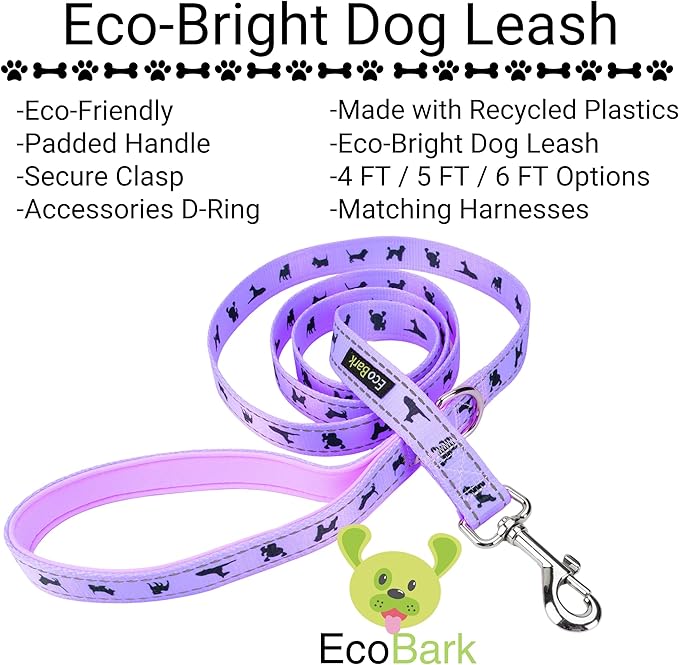 EcoBark Dog Leash - Soft & Reflective Comfort Leashes with Padded Handle - Soft, Strong, & Durable for Small, Medium or Large Dogs (Lavender)