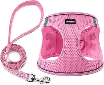 BOOMIBOO Dog Harness with Leash Set, No Pull Adjustable Reflective Step-in Puppy Pet Vest Harnesses for Small Medium Large Dogs and Cats,Pink XXS