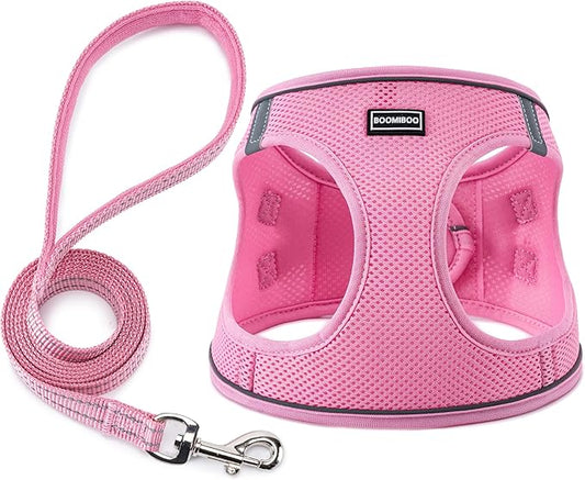 BOOMIBOO Dog Harness with Leash Set, No Pull Adjustable Reflective Step-in Puppy Pet Vest Harnesses for Small Medium Large Dogs and Cats,Pink XXS