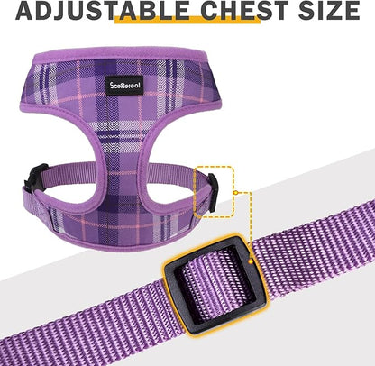 SCENEREAL No Pull Dog Harness Collar and Leash Set Small Medium Sized Dog, Soft Mesh Puppy Harnesses, No Chock Plaid Adjustable Pet Vest for Outdoor Walking Training and Running, Purple XS