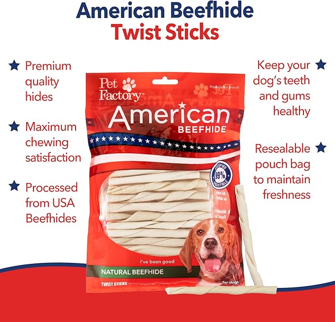 Pet Factory American Beefhide 5in Twist Sticks Dog Dental Chews - Natural Rawhide Dental Chews for Small to Medium Dogs, Promotes Oral Health - Natural, 5 Inches (1 lb Pack)