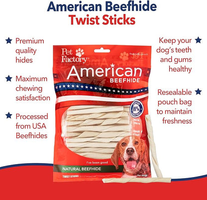 Pet Factory American Beefhide 5in Twist Sticks Dog Dental Chews - Natural Rawhide Dental Chews for Small to Medium Dogs, Promotes Oral Health - Natural, 5 Inches (1 lb Pack)