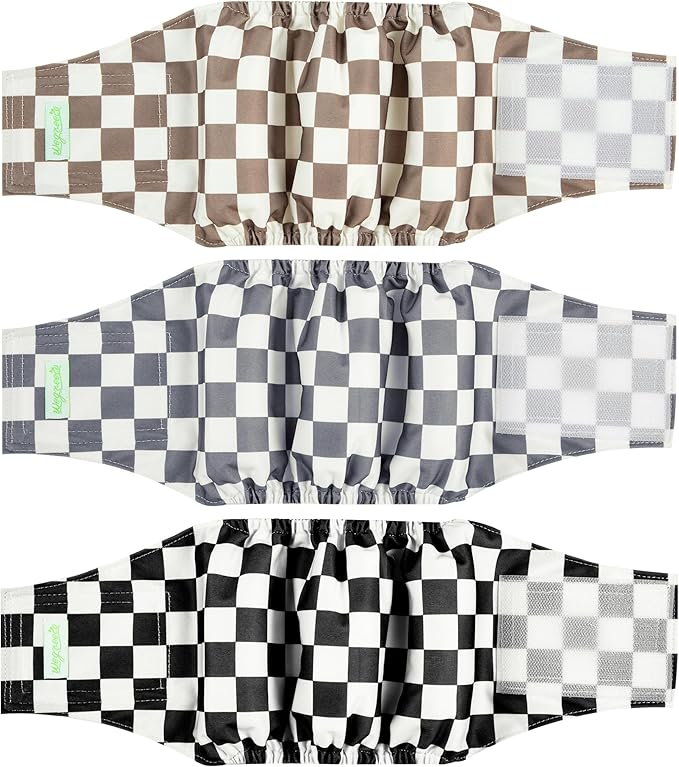 wegreeco Washable Male Dog Belly Band (Stylish Pattern)- Pack of 3 - Washable Male Dog Belly Wrap, Dog Diapers Male (Black, Grey, Dark Coffee Checkerboard, Medium)