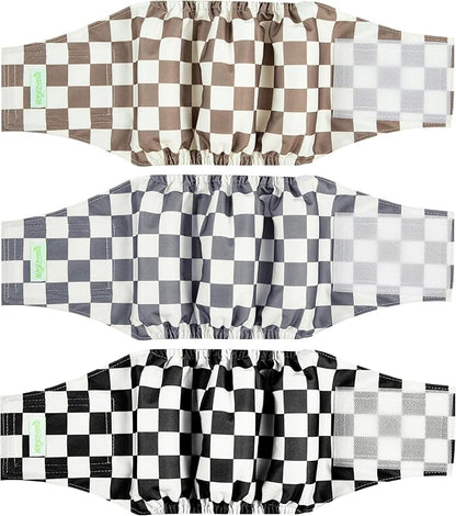 wegreeco Washable Male Dog Belly Band (Stylish Pattern)- Pack of 3 - Washable Male Dog Belly Wrap, Dog Diapers Male (Black, Grey, Dark Coffee Checkerboard, Medium)