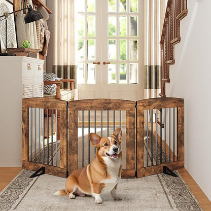 HOOBRO Indoor Dog Gate with Support Feet, Freestanding Pet Gate for Doorway, Stairs, 24 Inch 3 Panels, Folding Dog Fence, 360° Hinge for Easy Access, Sturdy Iron Pipe, Rustic Brown BF05PP03