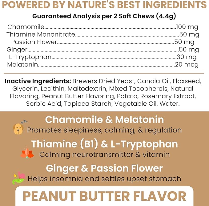 Chew + Heal Labs Calming Chews for Dogs - 60 Peanut Butter Melatonin Dog Sleep Aid & Calming Dog Treats with Thiamine, L-Tryptophan & Ginger
