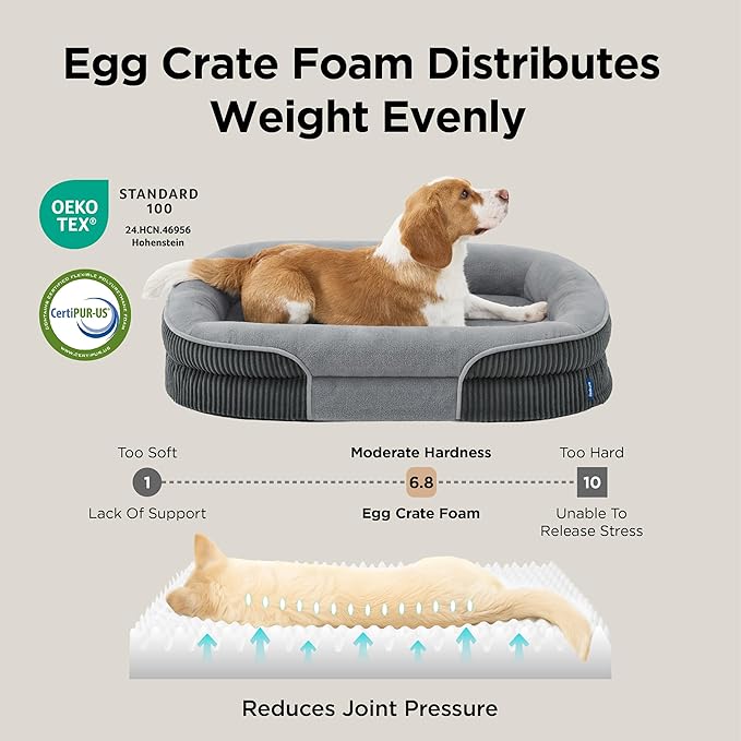 Bedsure Orthopedic Dog Beds Large Sized Dog - 360° Oval Bolster Large Dogs Bed for Senior Dogs with Waterproof Washable Cover, Big Comfort Pet Sofa Couch with Ultra-Soft Fleece, Grey, 35"