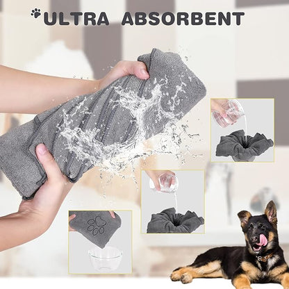 Chumia 4 Pack Dog Towels for Drying Large Microfiber Grooming Tools Absorbent Soft Bath Supplies with Embroidered Paw for Small Medium Pet Products(30 x 50 Inch,Gray)