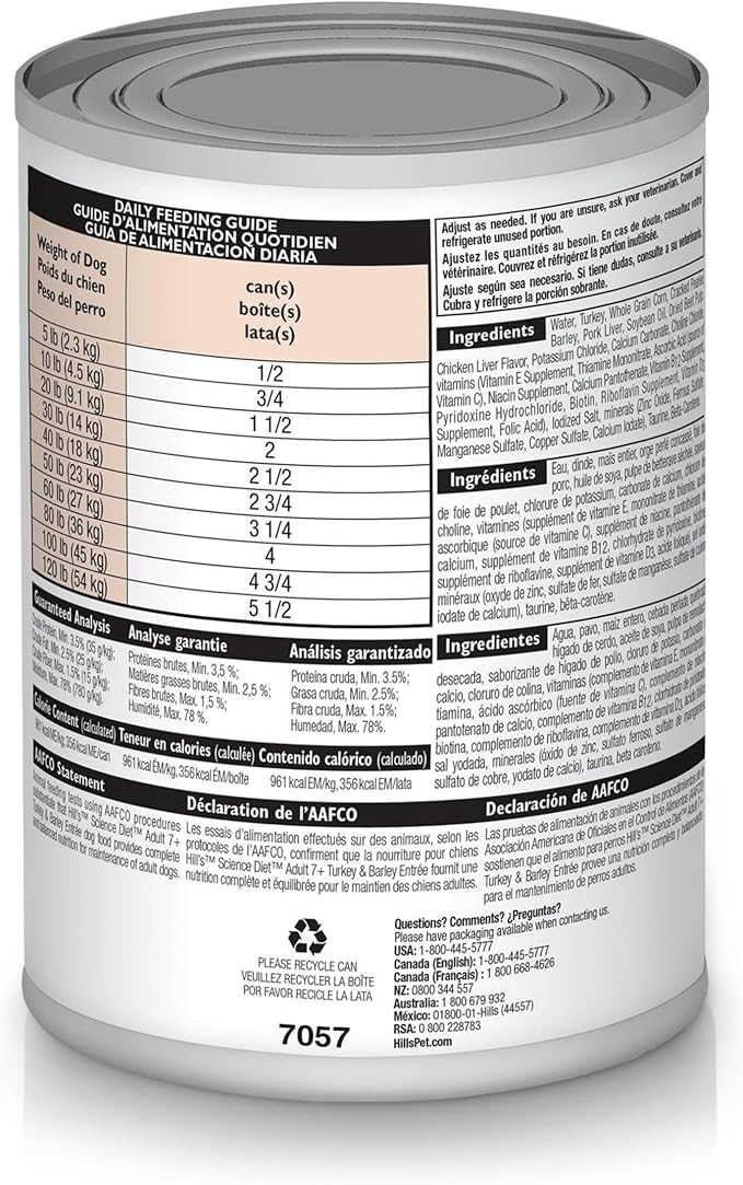 Hill's Science Diet Adult 7+ Wet Dog Food, Turkey & Barley, 13 oz. Cans, 12-Pack