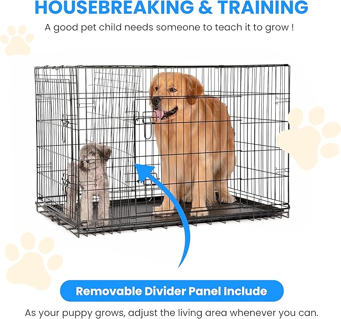 Simple Deluxe 36-Inch Dog Cage with Divider, Metal Wire Two-Door Folding Mid-Sized Pet Kennel with Leak-Proof Plastic Tray, Portable Indoors, Outdoors, and Traval