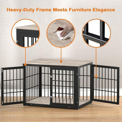 rehomerance 42 Inch Heavy Duty Dog Crate Furniture for Large and Medium Dogs, Decorative Pet House End Table, Wooden Cage Kennel Furniture Indoor, Grey
