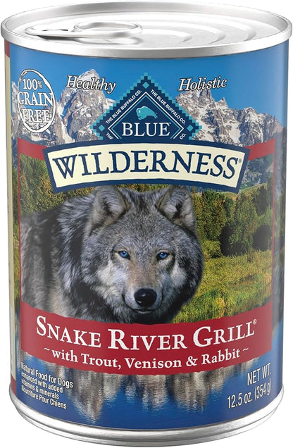 Blue Buffalo Wilderness Snake River Grill Natural High Protein Wet Food for Adult Dogs, Trout, Venison & Rabbit, 12.5-oz Cans, 12 Count