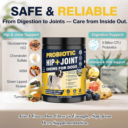 Hip and Joint Supplement for Dogs Dog Probiotics Glucosamine Chondroitin MSM Chew for Dog Arthritis Pain Relief Extend Joint Care, Probiotic for Digestive/Gut Health for Large/Small/Senior Breed Dogs
