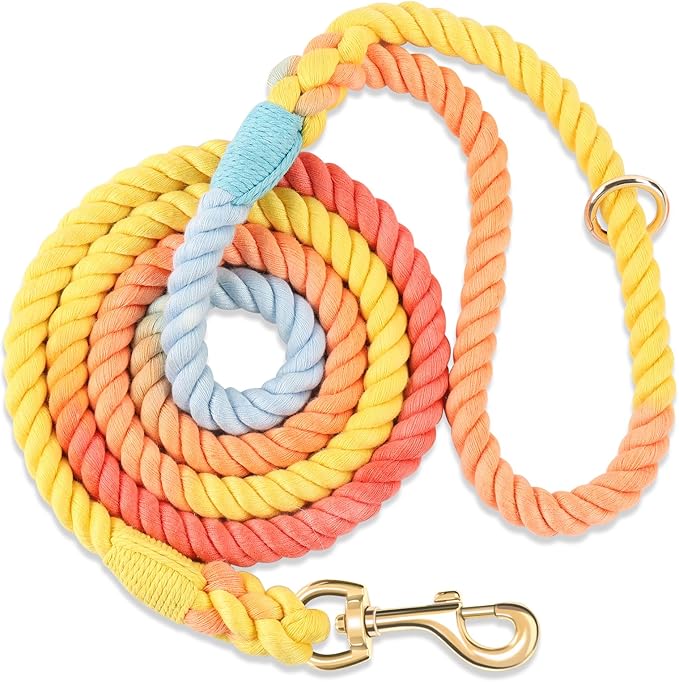 Dog Leash 6 FT Handmade Braided Cotton Rope Leashes for Small Medium and Large Dogs, New Golden Heavy Duty Metal Clasp, Colorful Rainbow