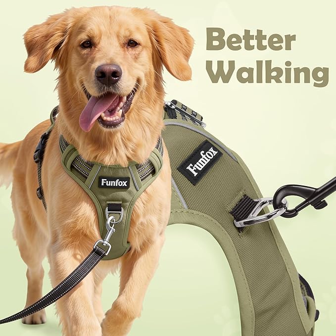 Funfox Dog Harness No Pull, Adjustable Pet Vest Harness, Super Soft Material with Vertical Handle Easy Control, Reflective Night Walking, 2 Leash Clips for Small Sized Dogs, Army Green, S