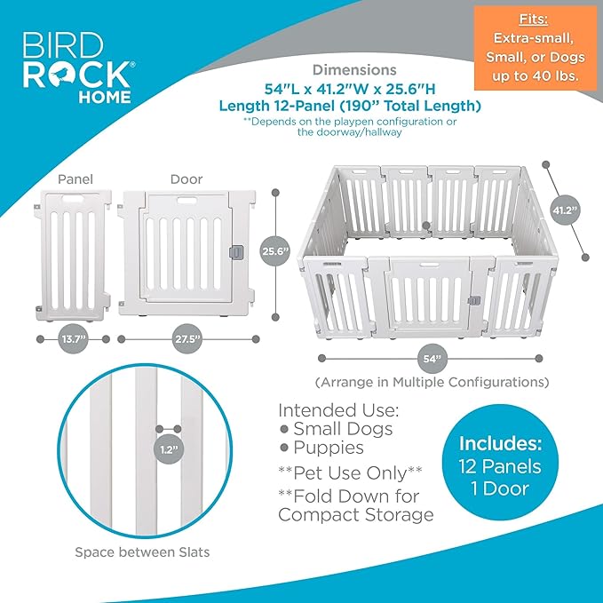 BIRDROCK HOME Pet Playpen with Door | 12 Panel | Strong Plastic | Puppy Safety Fence Pen Playpen | Non-Slip and Secure Dog Gate | White