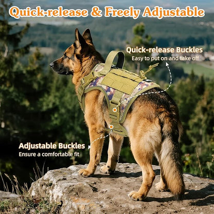 VavoPaw Heavy Duty Tactical Dog Harness for Large Dogs, No Pull Adjustable Pet Harness Reflective Service Training Easy Control Pet Vest Military K9 Working Dog Harnesses, Desert Camouflage, XL