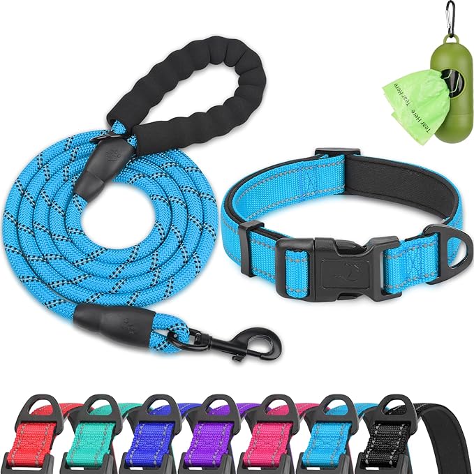 Dynmeow Reflective Dog Collar and Leash Set, 6FT Strong Climbing Rope Leash with Padded Handle, Adjustable Pet Collar with Soft Neoprene Padding for Puppy Small Dogs, Blue, Xs