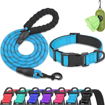 Dynmeow Reflective Dog Collar and Leash Set, 6FT Strong Climbing Rope Leash with Padded Handle, Adjustable Pet Collar with Soft Neoprene Padding for Medium Large Dogs, Blue, M