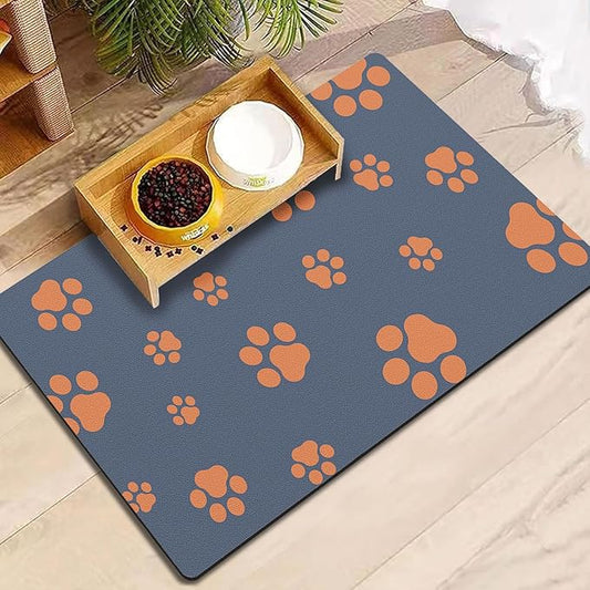 18"×30" Dog Food Mat-Absorbent Dog Mat for Food and Water, No Stains Quick Dry Cat Food Bowl Mat with Footprints for Messy Drinkers,Blue