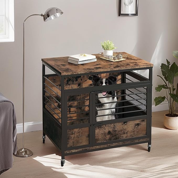 YITAHOME 32" Dog Crate Furniture with Wheels, Farmhouse Decorative Wood Dog Cage End Table Chew-Resistant Wooden Dog Kennel Indoor for Small Dogs, Rustic Brown