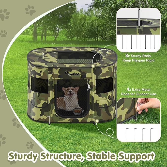 Dog Playpen, Portable Pet Cat PlayPen, 600D Oxford Dog Kennel Tent Crate, Waterproof&Breathable, Indoor Outdoor Travel Camping for Medium/Large Breed with Carrying Case+Bowl(M), Black Camouflage