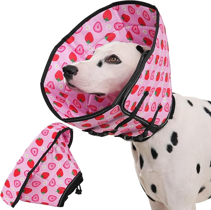 Avont Dog Cone Alternative, Adjustable Soft Comfy Foldable E Cones for Medium Large Dogs After Surgery, Escape-Proof Elizabethan Collar for Surgical Wound Recovery Stop Licking -Strawberry(L)