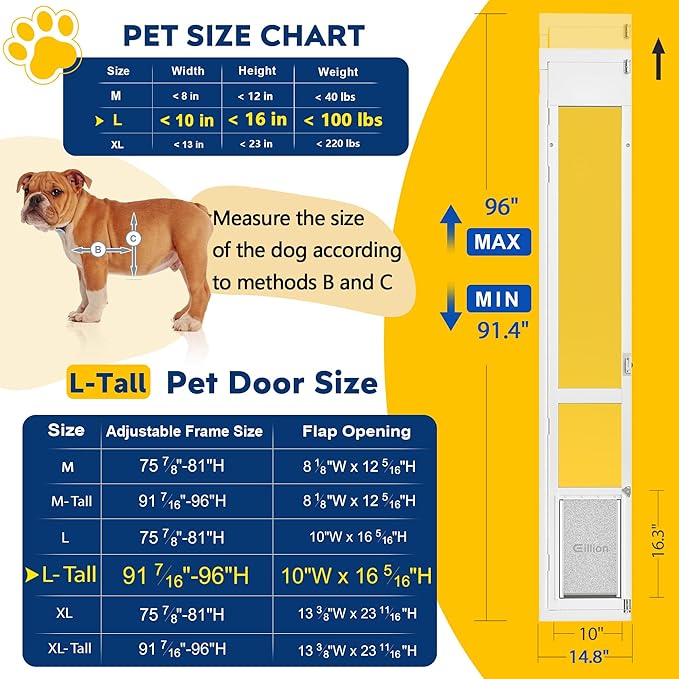 Large Dog Door for Sliding Glass Door, Openable Doggy Door for Sliding Glass Doors, All-Metal Framed, Adjustable Height 91 7/16" to 96" - Large Tall