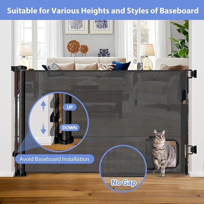 Retractable Baby Gates with Cat Door 80" Wide Retractable Dog Gate with Pet Door Outdoor Retractable Gate for Dogs Retractable Pet Gate with Door Mesh Baby Gate Retractable Mesh Dog Gate (Black)