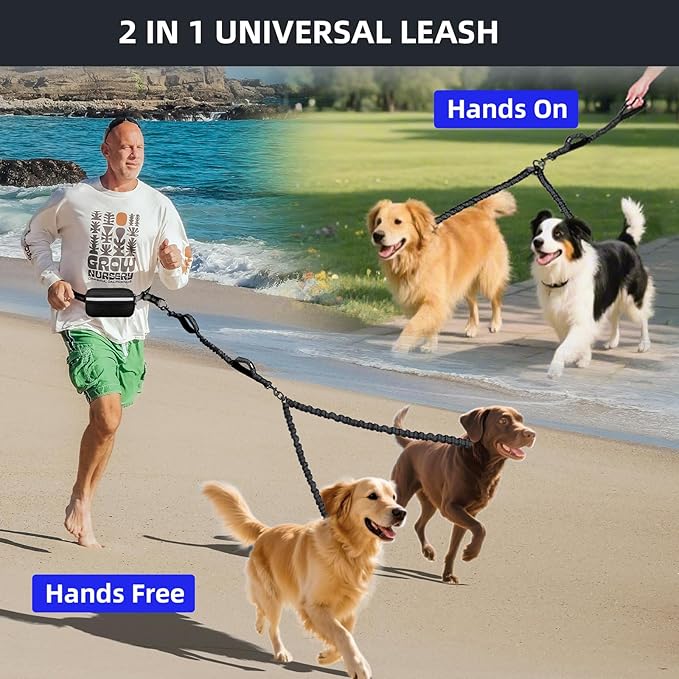 Uppetly Hands Free Double Dog Leash with Pouch, Dual Leash for 2 Dogs with Reflective Padded Handles, Durable Bungee and Lumbar Waist Belt for Walking, Jogging and Running (Medium/Large, 25-120 lbs)