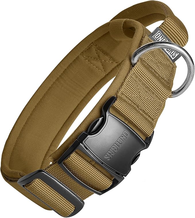 OneTigris Tough Dog Collars, Tactical Dog Collar with Handle, Milltary Adjustable Dog Collar with Heavy Duty Metal Buckle for Training (Large (Pack of 1), Brown)