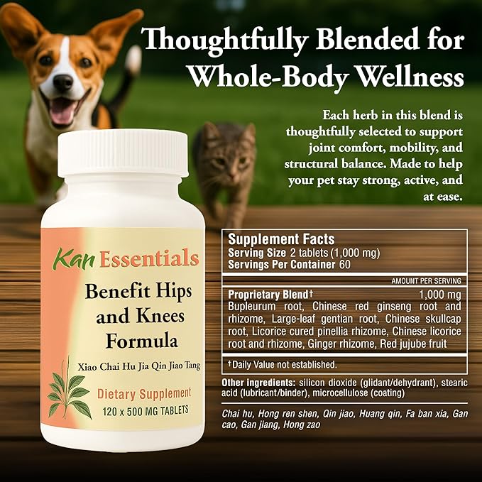 Kan Herb Company Benefit Hips and Knees Formula – Traditional Chinese Herbal Blend to Support Joint Comfort, Mobility, and Digestive Balance, Herbal Supplement Tablets for Pets, 120 Tablets