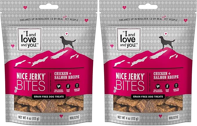 I AND LOVE AND YOU Nice Jerky Bites - Chicken + Salmon - Grain Free, Real Beef, Training Treat, Chewy Dog Treats, Filler Free, 4oz (Pack of 2)