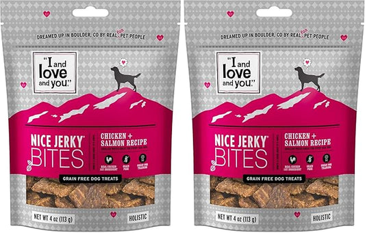 I AND LOVE AND YOU Nice Jerky Bites - Chicken + Salmon - Grain Free, Real Beef, Training Treat, Chewy Dog Treats, Filler Free, 4oz (Pack of 2)