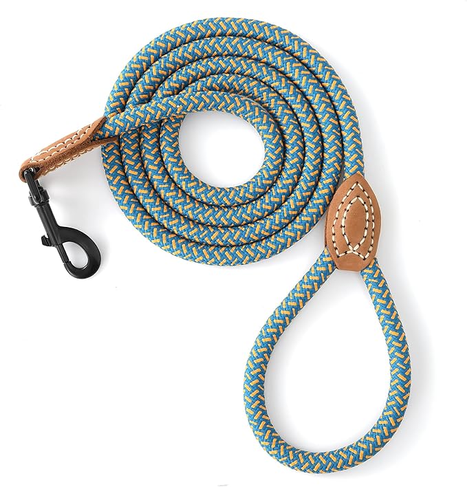 Mile High Life Rope Leash with Genuine Leather Connection, 6 FT/5 FT/4 FT, Heavy Duty Dog Leash for Medium & Large Dogs (Peacock Blue, 60Inch)