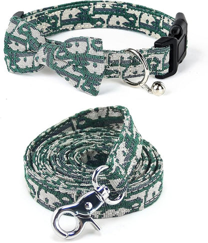 Bowtie Collars for Small Dogs, Elegant Puppy Collars with Leash Set, Tiny Dog Collars with Bowtie Adjustable 9.8"-13.8", Green, S