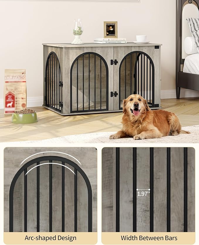 Hzuaneri 39.4" Wooden Dog Crate Furniture, Indoor Dog Kennel Dogs Cage for Small/Medium/Large Dogs, Heavy Duty Dog Crates Decorative Pet House End Side Table TV Stand, Greige Black DFC84105B