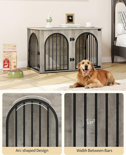 Hzuaneri 39.4" Wooden Dog Crate Furniture, Indoor Dog Kennel Dogs Cage for Small/Medium/Large Dogs, Heavy Duty Dog Crates Decorative Pet House End Side Table TV Stand, Greige Black DFC84105B