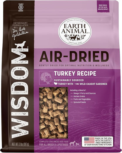 Earth Animal Wisdom Air Dried Dog Food - Turkey Recipe Premium Natural Dry Dog Food for All Breeds & Ages - 2 Lbs Bag