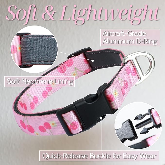 Girl Dog Collar, Pink Cute Cherry Pattern Adjustable Breathable Collar with Reflective Logo, Comfortable Padded Design Fits for Medium, Large Dogs, Neck Size 12’’-20’’ (Cherry, M)