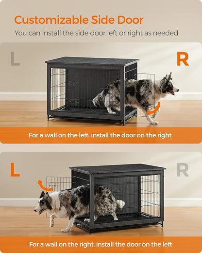 Feandrea 38.6" Dog Crate Furniture, Indoor Dog Cage Side End Table, XL Pet Wood Kennel for Large and Medium Dogs up to 70 lb with Multi-Purpose Removable Tray, Double-Door Pet House, Ink Black