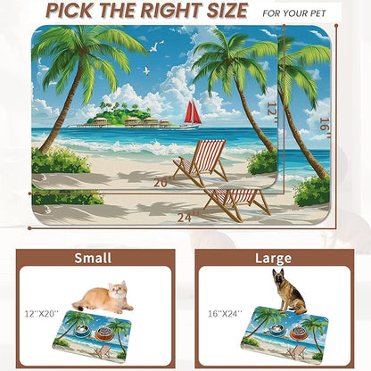 Tropical Beach Dog Food Mat for Floors,Hawaii Palm Tree Absorbent Quick-Dry Pet Feeding Mat, Cat Dog Bowl Mats for Food and Water, Non-Slip Pet Accessories Supplies 12"x20"