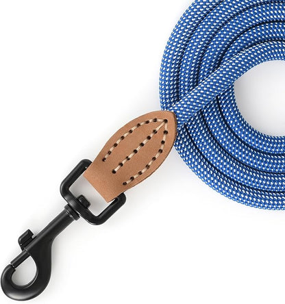 Mile High Life Small Dog Leash, Thin Rope Leash with Genuine Leather Connection and Heavy Duty Metal Clasp, Great for Small Medium Dogs(Blue White,60 Inch-1/3)